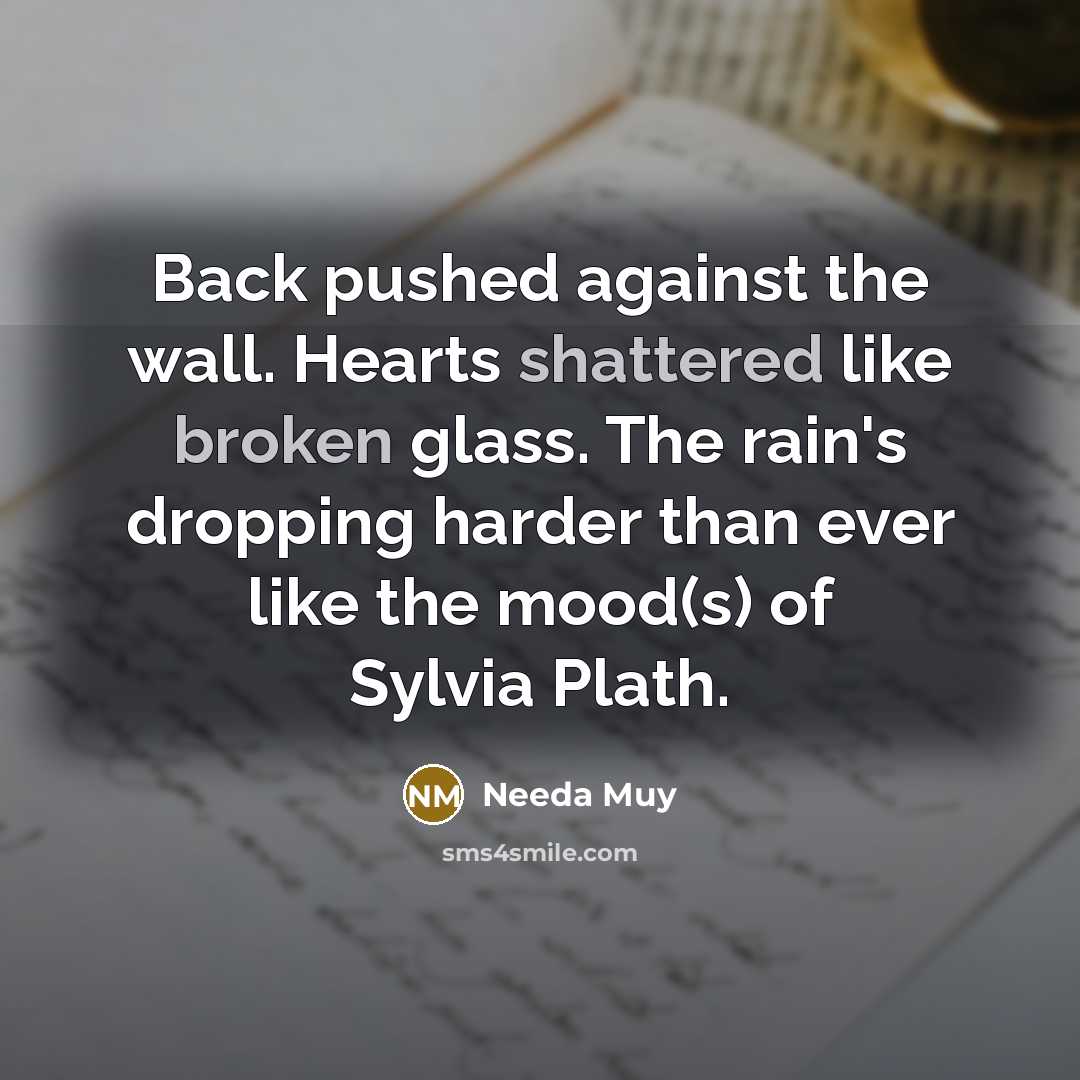 “Back pushed against the wall. Hearts shattered like broken glass. The rain's dropping harder than ever like the mood(s) of Sylvia Plath.” quote by Needa Muy