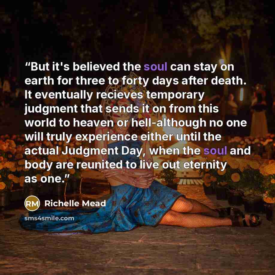 “But it's believed the soul can stay on earth for three to forty days after death. It eventually recieves temporary judgment that sends it on from this world to heaven or hell-although no one will truly experience either until the actual Judgment Day, when the soul and body are reunited to live out…” quote by Richelle Mead