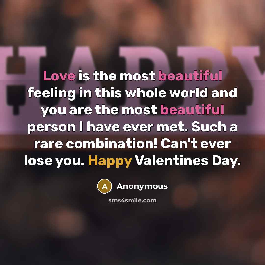 “Love is the most beautiful feeling in this whole world and you are the most beautiful person I have ever met. Such a rare combination! Can't ever lose you. Happy Valentines Day.” quote by Anonymous