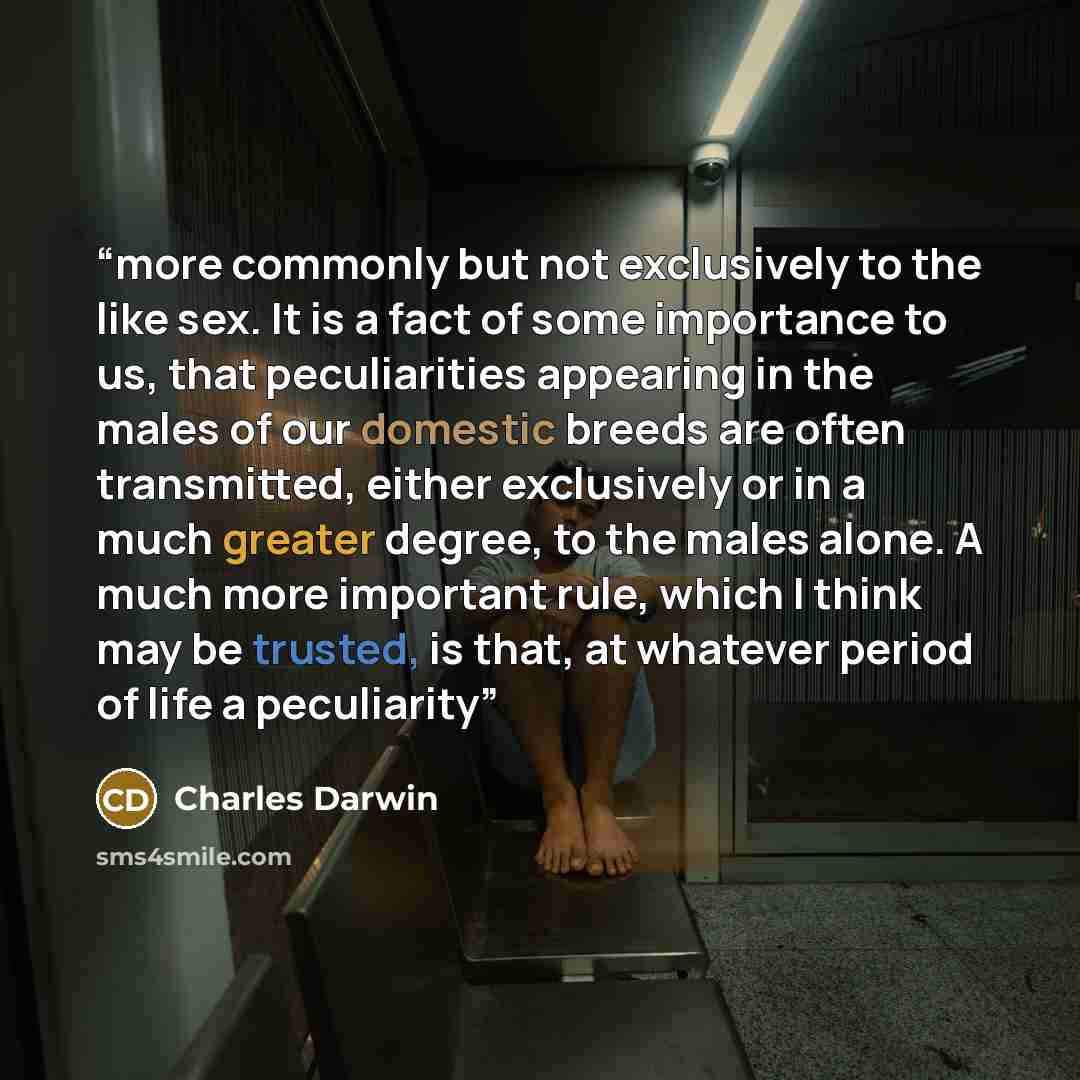 “more commonly but not exclusively to the like sex. It is a fact of some importance to us, that peculiarities appearing in the males of our domestic breeds are often transmitted, either exclusively or in a much greater degree, to the males alone. A much more important rule, which I think may be…” quote by Charles Darwin