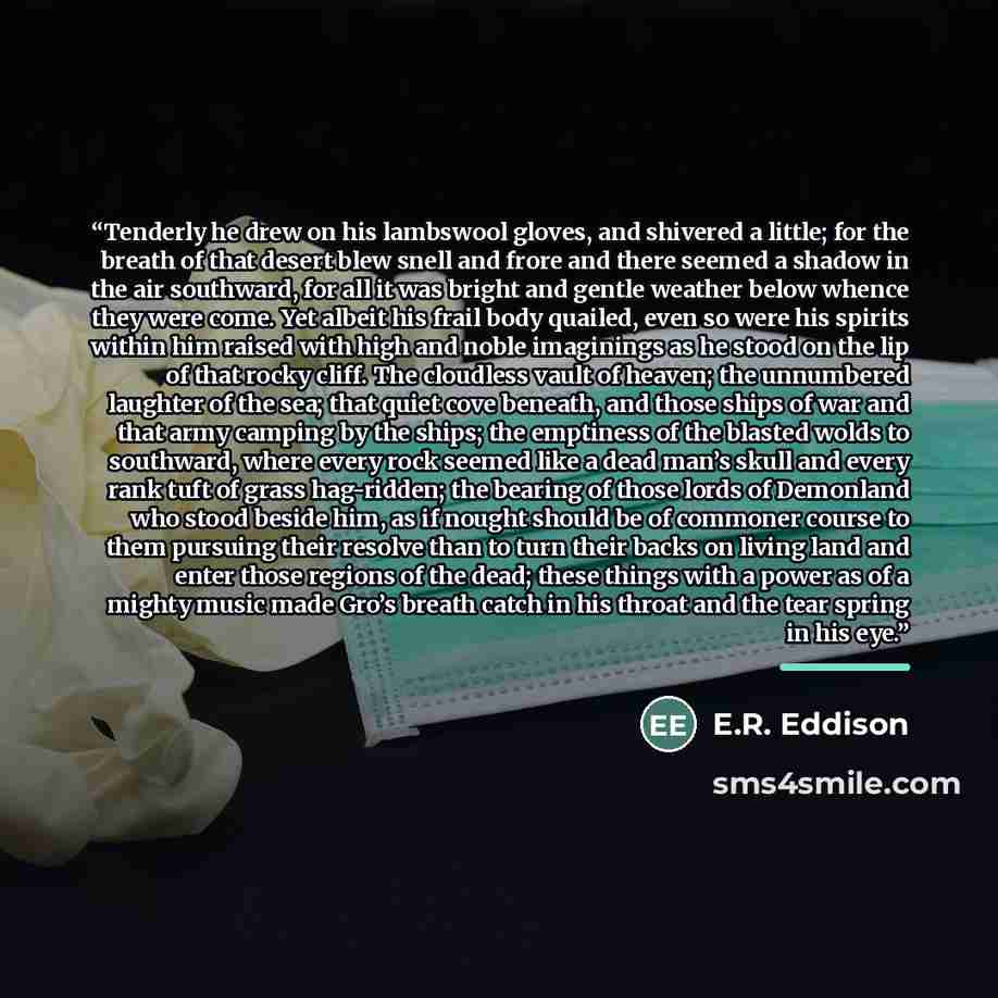 “Tenderly he drew on his lambswool gloves, and shivered a little; for the breath of that desert blew snell and frore and there seemed a shadow in the air southward, for all it was bright and gentle weather below whence they were come. Yet albeit his frail body quailed, even so were his spirits…” quote by E.R. Eddison