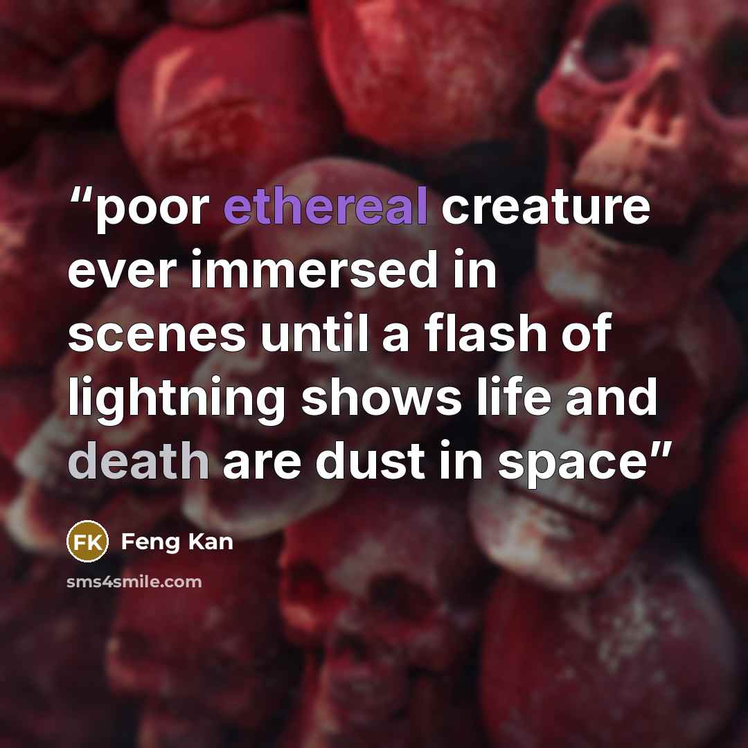 “poor ethereal creature ever immersed in scenes until a flash of lightning shows life and death are dust in space” quote by Feng Kan