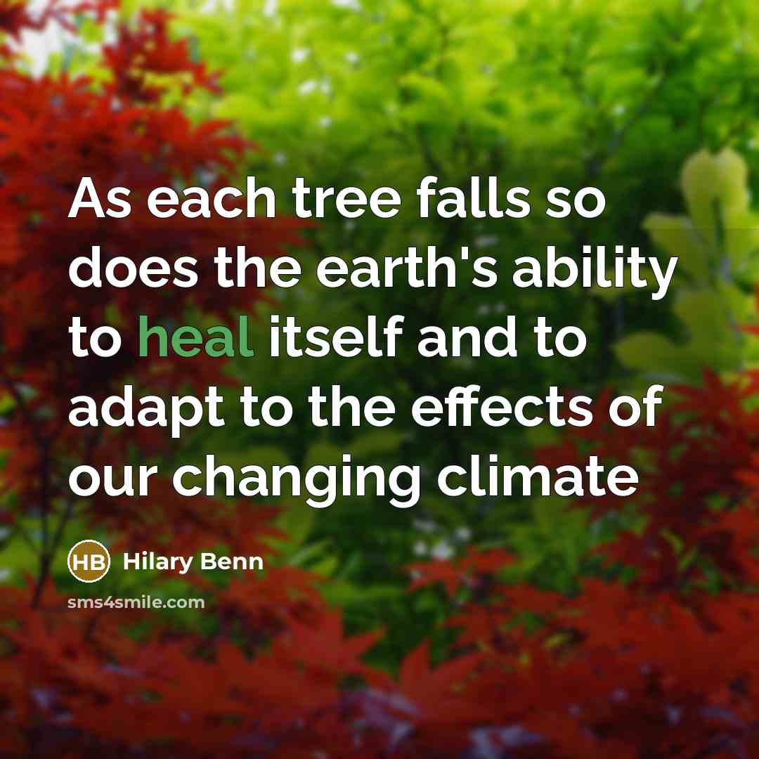 “As each tree falls so does the earth's ability to heal itself and to adapt to the effects of our changing climate” quote by Hilary Benn
