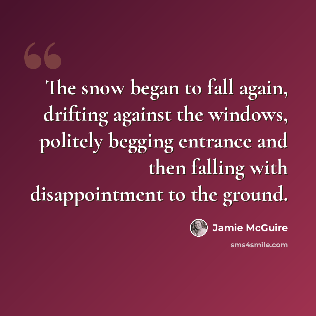 “The snow began to fall again, drifting against the windows, politely begging entrance and then falling with disappointment to the ground.” quote by Jamie McGuire