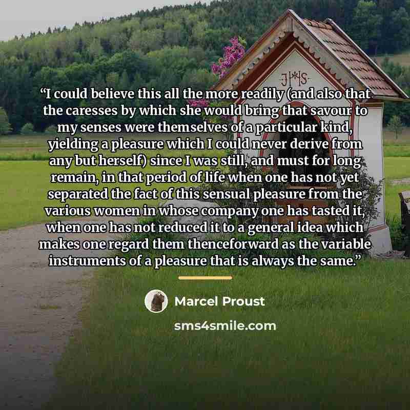 “I could believe this all the more readily (and also that the caresses by which she would bring that savour to my senses were themselves of a particular kind, yielding a pleasure which I could never derive from any but herself) since I was still, and must for long remain, in that period of life…” quote by Marcel Proust