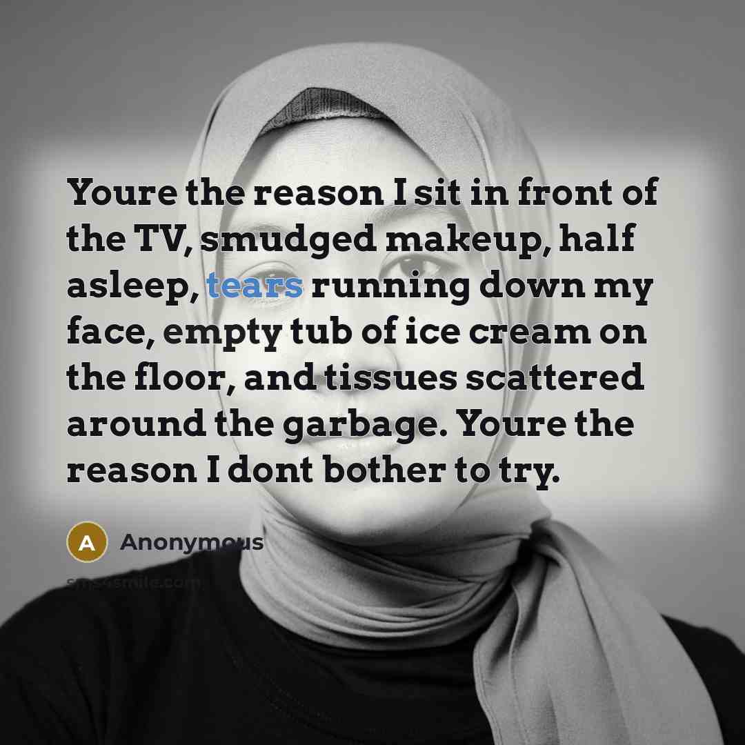 “Youre the reason I sit in front of the TV, smudged makeup, half asleep, tears running down my face, empty tub of ice cream on the floor, and tissues scattered around the garbage. Youre the reason I dont bother to try.” quote by Anonymous