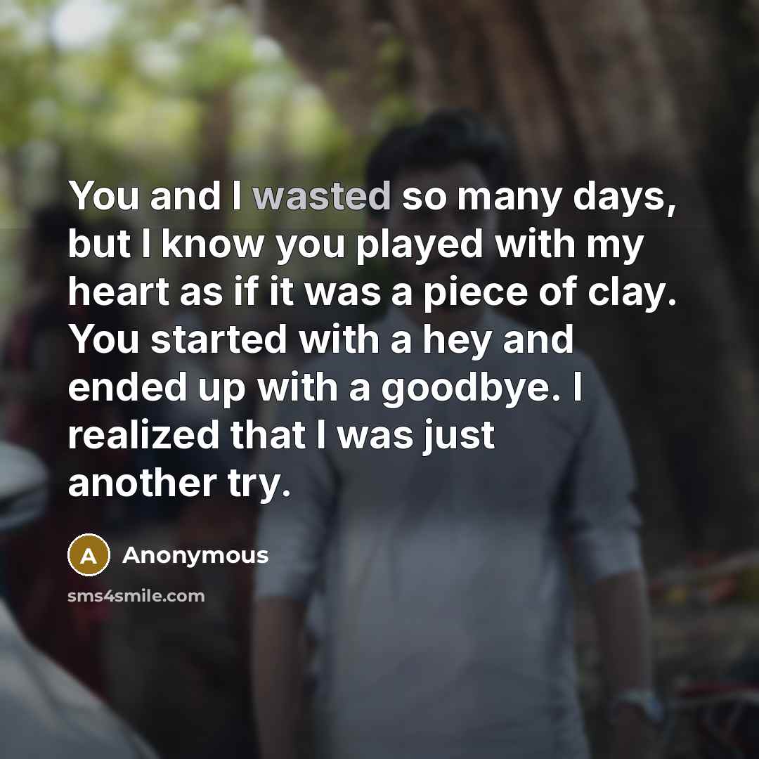 “You and I wasted so many days, but I know you played with my heart as if it was a piece of clay. You started with a hey and ended up with a goodbye. I realized that I was just another try.” quote by Anonymous