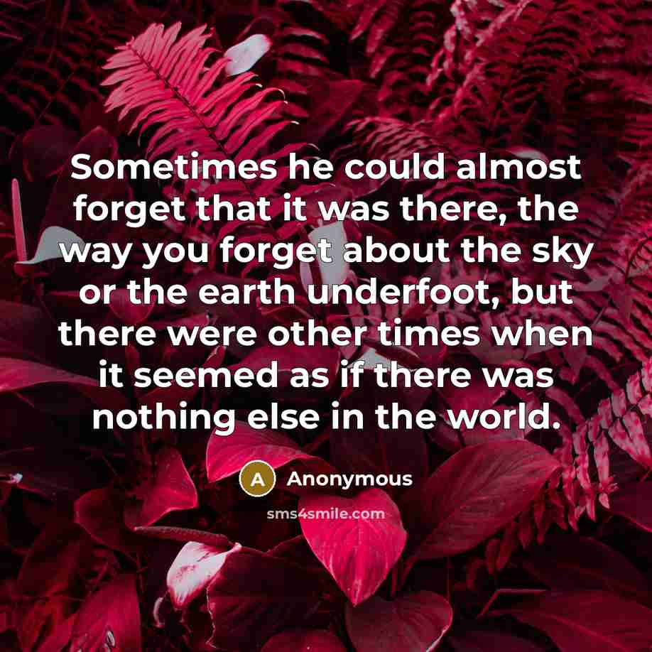 “Sometimes he could almost forget that it was there, the way you forget about the sky or the earth underfoot, but there were other times when it seemed as if there was nothing else in the world.” quote by Anonymous