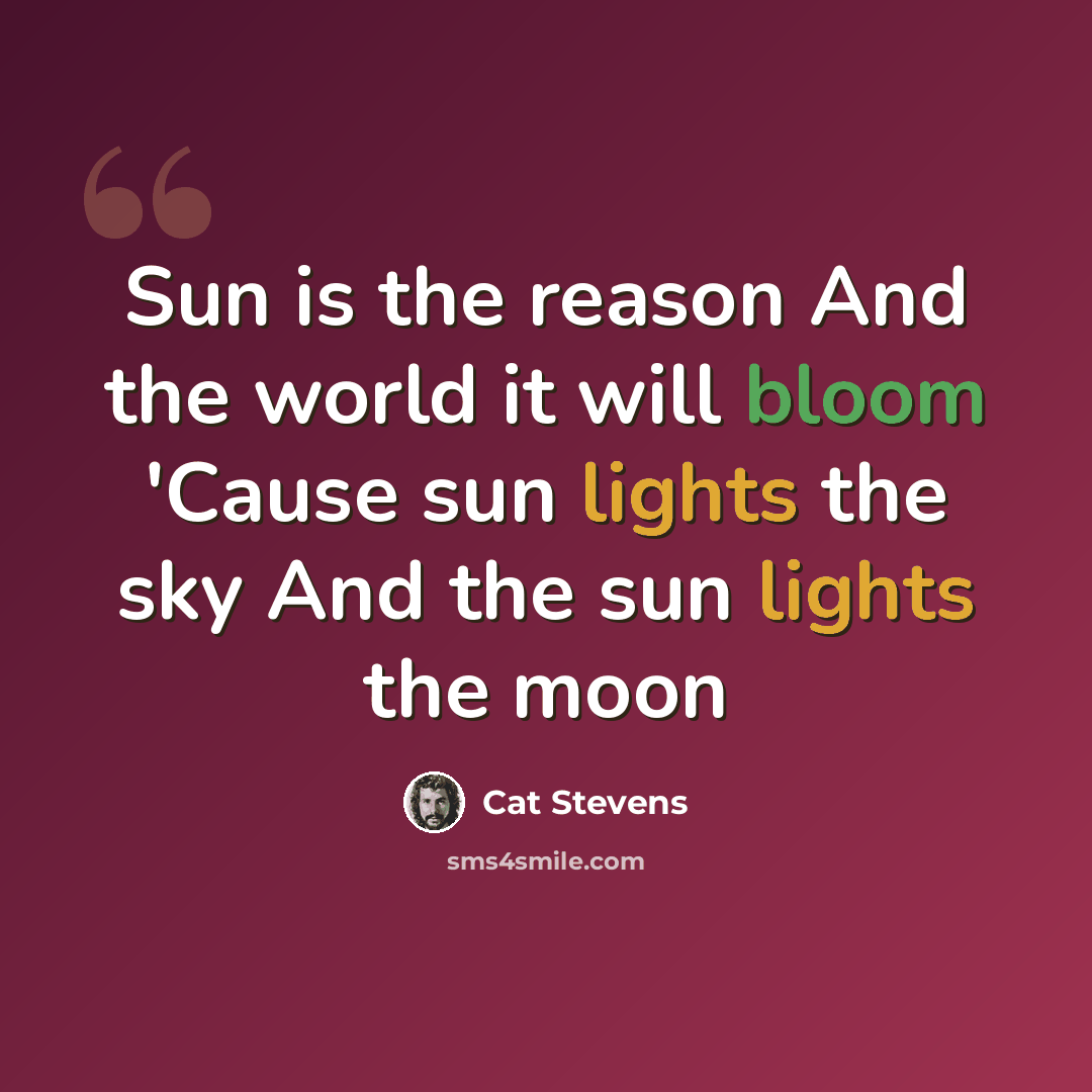 “Sun is the reason And the world it will bloom 'Cause sun lights the sky And the sun lights the moon” quote by Cat Stevens