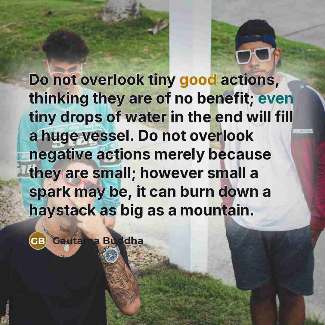 “Do not overlook tiny good actions, thinking they are of no benefit; even tiny drops of water in the end will fill a huge vessel. Do not overlook negative actions merely because they are small; however small a spark may be, it can burn down a haystack as big as a mountain.” quote by Gautama Buddha