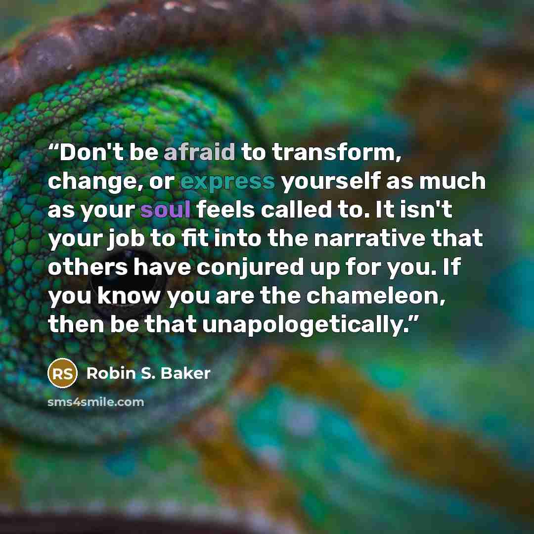 “Don't be afraid to transform, change, or express yourself as much as your soul feels called to. It isn't your job to fit into the narrative that others have conjured up for you. If you know you are the chameleon, then be that unapologetically.” quote by Robin S. Baker