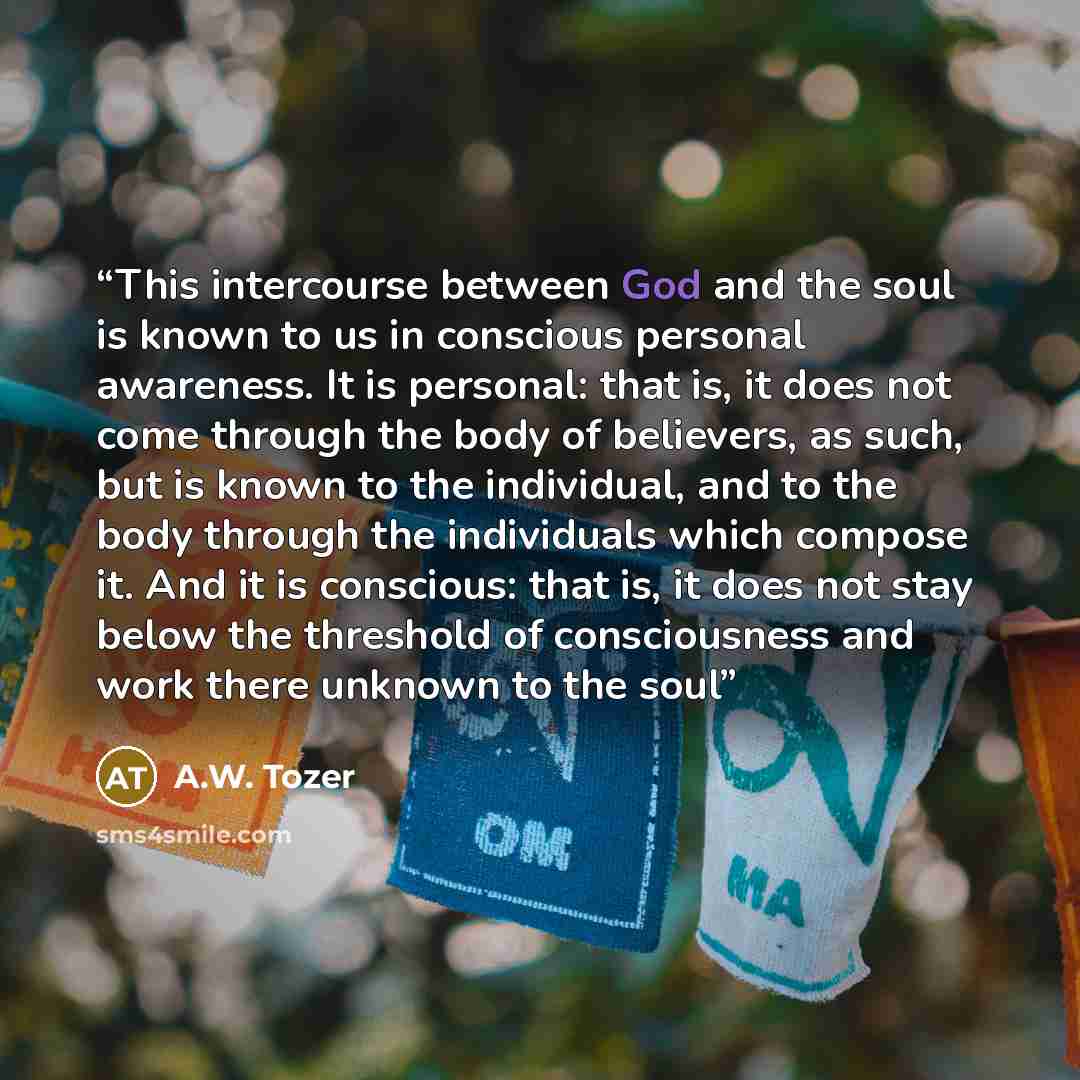 “This intercourse between God and the soul is known to us in conscious personal awareness. It is personal: that is, it does not come through the body of believers, as such, but is known to the individual, and to the body through the individuals which compose it. And it is conscious: that is, it…” quote by A.W. Tozer