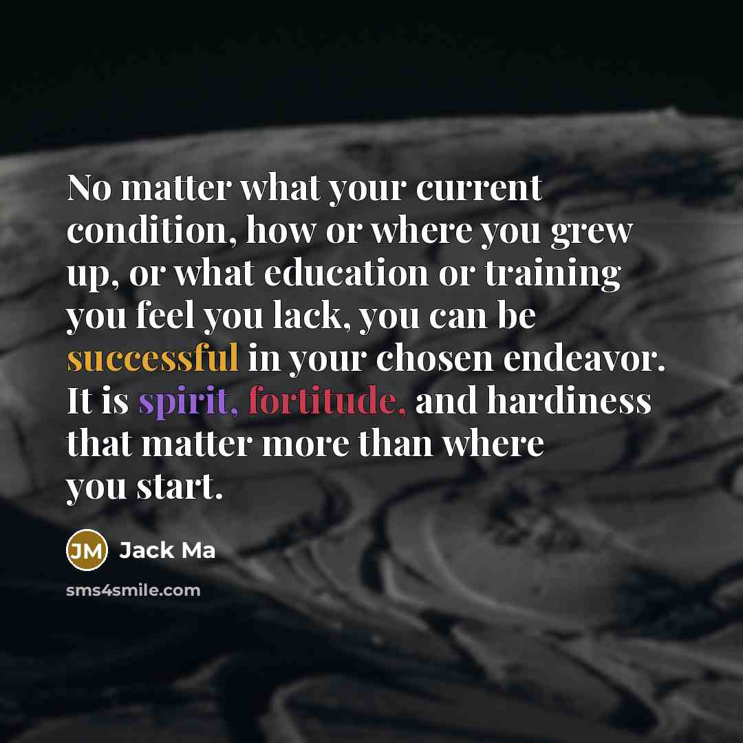 “No matter what your current condition, how or where you grew up, or what education or training you feel you lack, you can be successful in your chosen endeavor. It is spirit, fortitude, and hardiness that matter more than where you start.” quote by Jack Ma