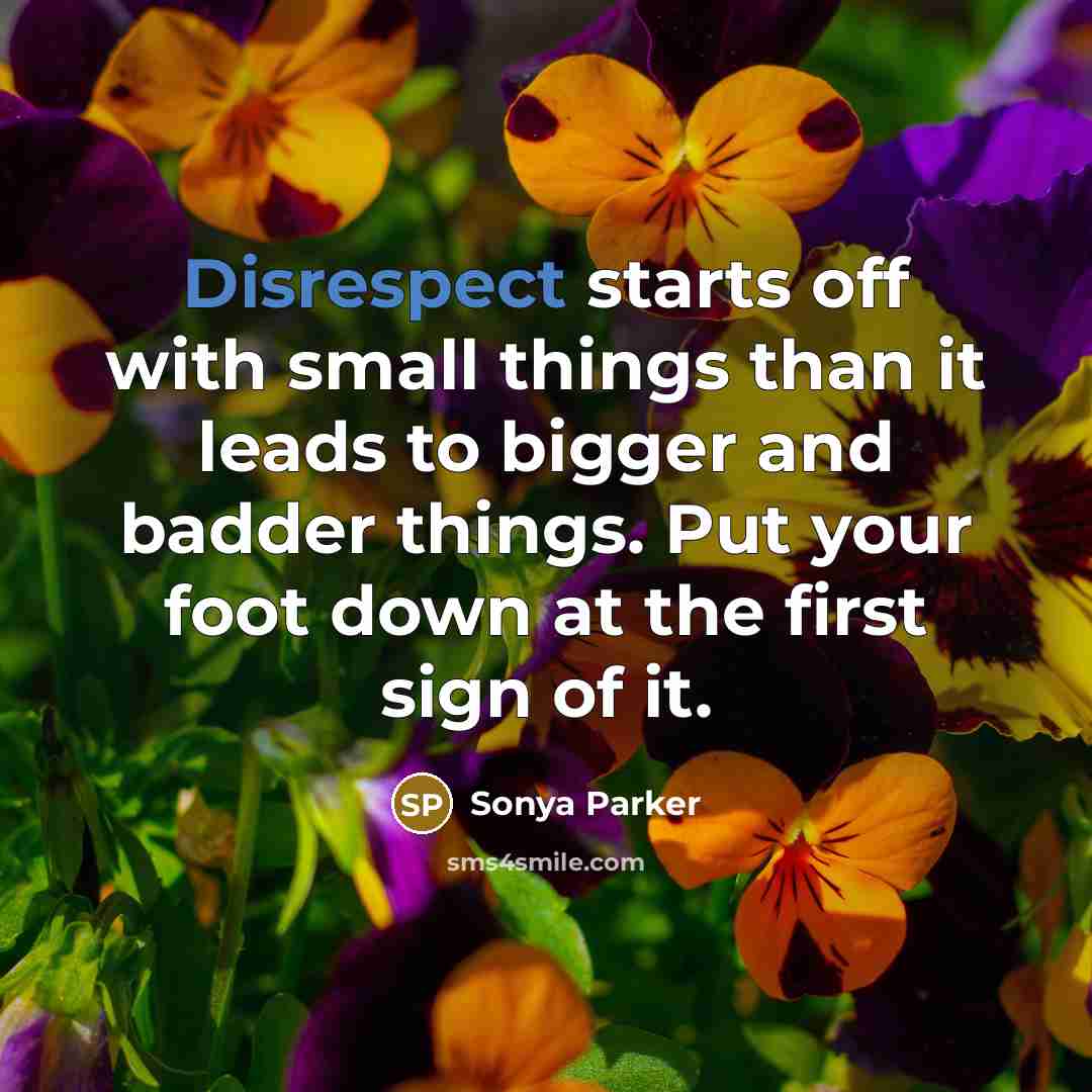 “Disrespect starts off with small things than it leads to bigger and badder things. Put your foot down at the first sign of it.” quote by Sonya Parker