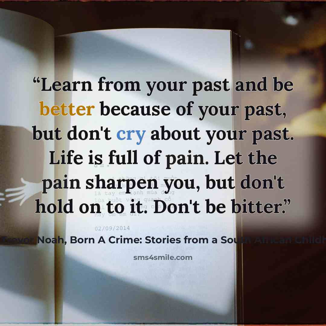 “Learn from your past and be better because of your past, but don't cry about your past. Life is full of pain. Let the pain sharpen you, but don't hold on to it. Don't be bitter.” quote by Trevor Noah, Born A Crime: Stories from a South African Childhood