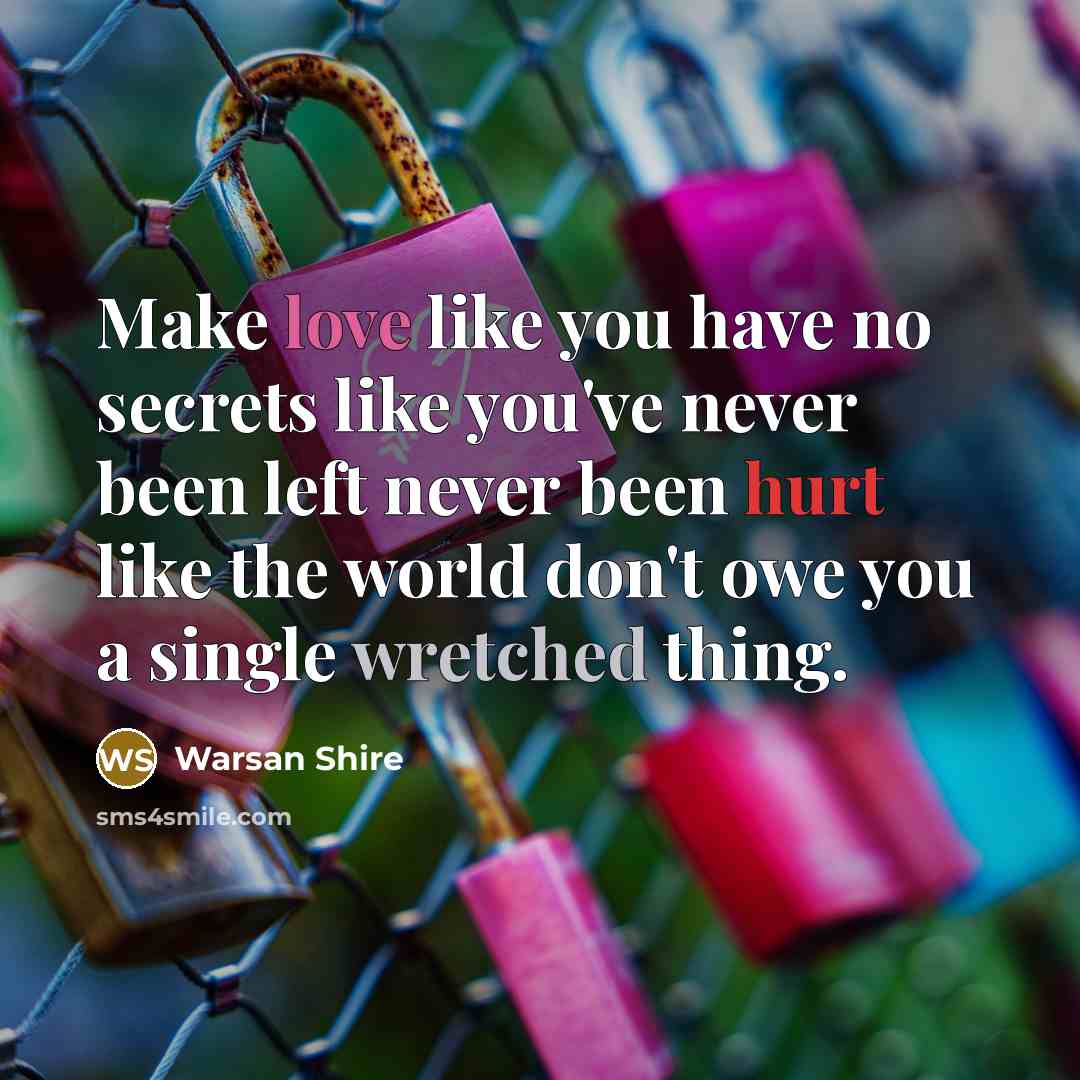 “Make love like you have no secrets like you've never been left never been hurt like the world don't owe you a single wretched thing.” quote by Warsan Shire