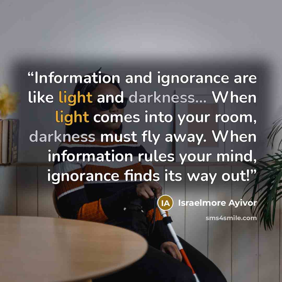 “Information and ignorance are like light and darkness... When light comes into your room, darkness must fly away. When information rules your mind, ignorance finds its way out!” quote by Israelmore Ayivor