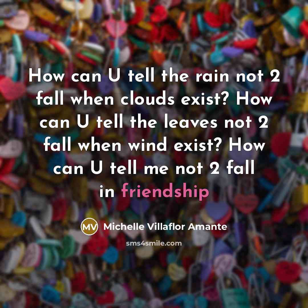“How can U tell the rain not 2 fall when clouds exist? How can U tell the leaves not 2 fall when wind exist? How can U tell me not 2 fall in friendship” quote by Michelle Villaflor Amante