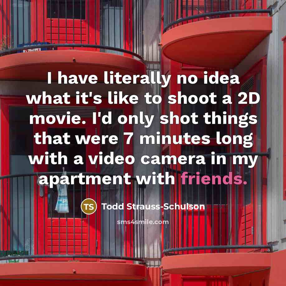 “I have literally no idea what it's like to shoot a 2D movie. I'd only shot things that were 7 minutes long with a video camera in my apartment with friends.” quote by Todd Strauss-Schulson