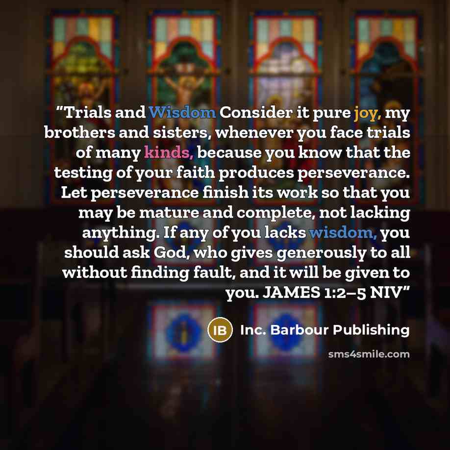 “Trials and Wisdom Consider it pure joy, my brothers and sisters, whenever you face trials of many kinds, because you know that the testing of your faith produces perseverance. Let perseverance finish its work so that you may be mature and complete, not lacking anything. If any of you lacks wisdom…” quote by Inc. Barbour Publishing