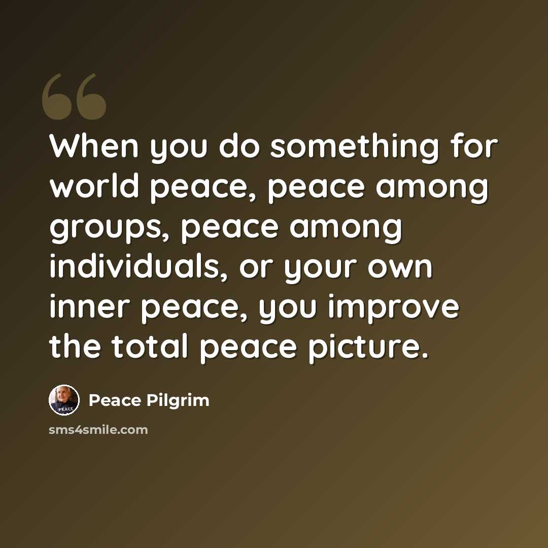 “When you do something for world peace, peace among groups, peace among individuals, or your own inner peace, you improve the total peace picture.” quote by Peace Pilgrim