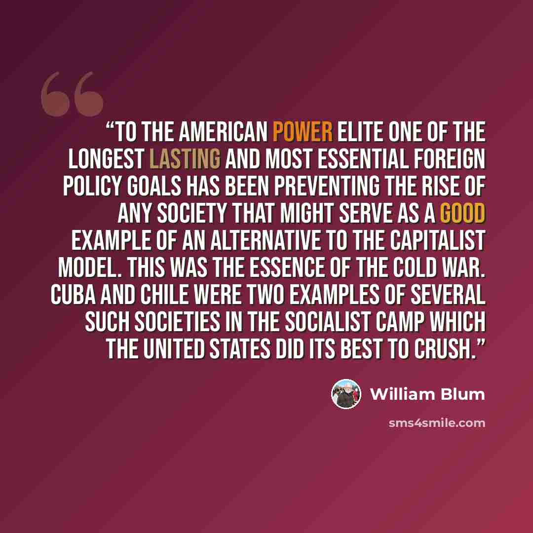 “to the American power elite one of the longest lasting and most essential foreign policy goals has been preventing the rise of any society that might serve as a good example of an alternative to the capitalist model. This was the essence of the Cold War. Cuba and Chile were two examples of several…” quote by William Blum
