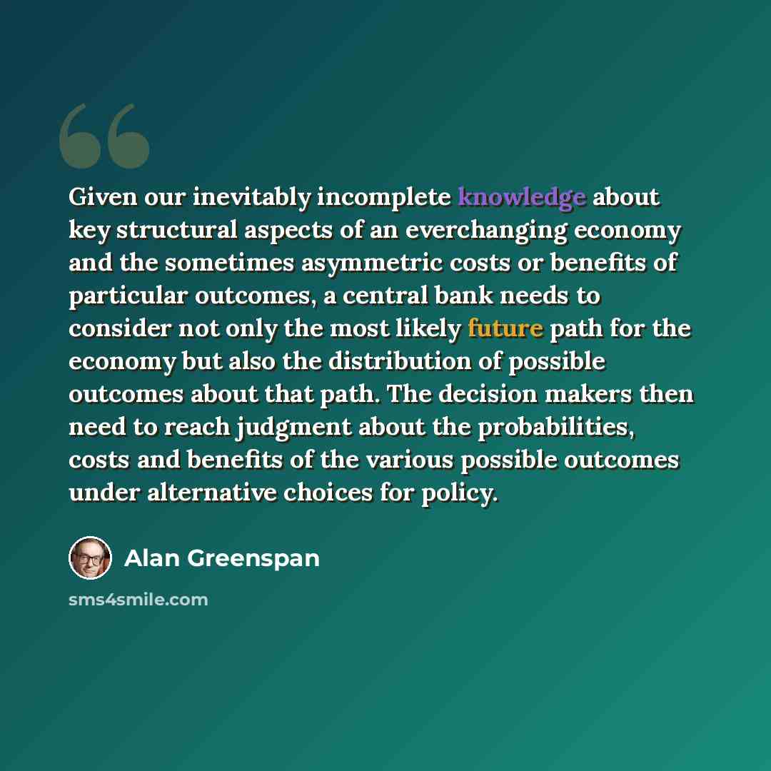 “Given our inevitably incomplete knowledge about key structural aspects of an everchanging economy and the sometimes asymmetric costs or benefits of particular outcomes, a central bank needs to consider not only the most likely future path for the economy but also the distribution of possible…” quote by Alan Greenspan