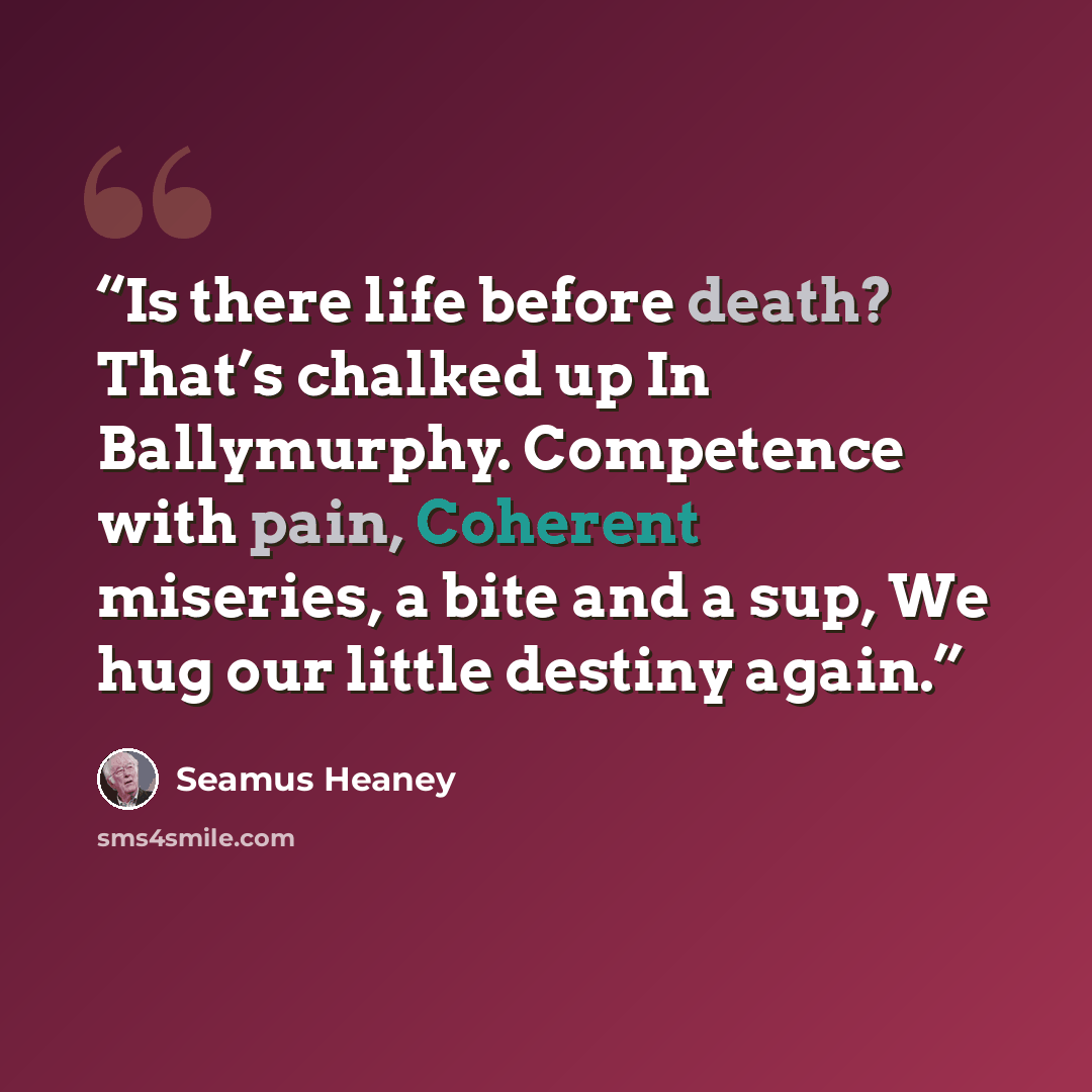 “Is there life before death? That’s chalked up In Ballymurphy. Competence with pain, Coherent miseries, a bite and a sup, We hug our little destiny again.” quote by Seamus Heaney