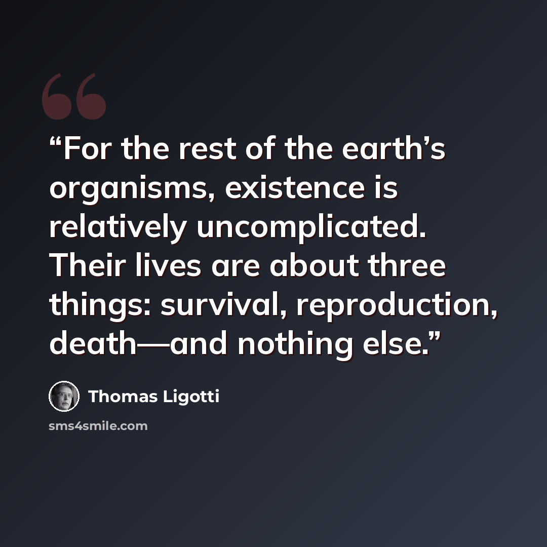 “For the rest of the earth’s organisms, existence is relatively uncomplicated. Their lives are about three things: survival, reproduction, death—and nothing else.” quote by Thomas Ligotti