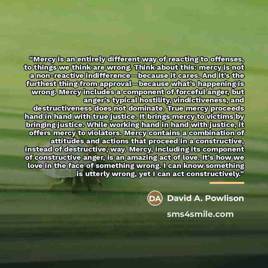 “Mercy is an entirely different way of reacting to offenses, to things we think are wrong. Think about this: mercy is not a non-reactive indifference—because it cares. And it’s the furthest thing from approval—because what’s happening is wrong. Mercy includes a component of forceful anger, but…” quote by David A. Powlison