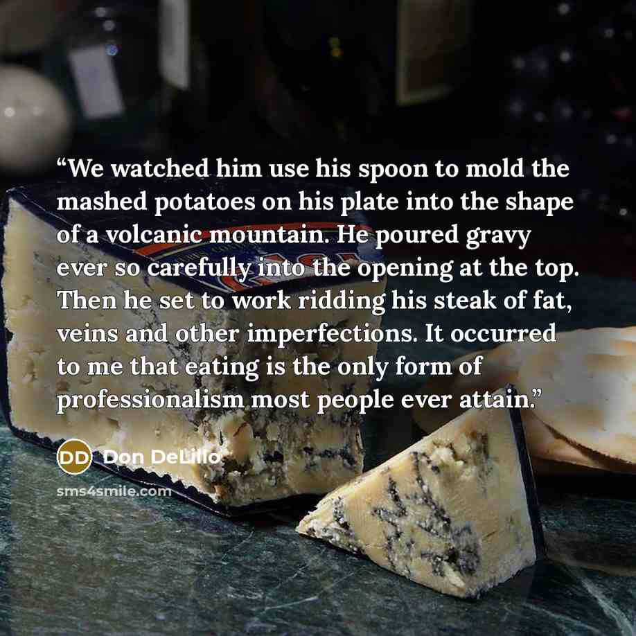 “We watched him use his spoon to mold the mashed potatoes on his plate into the shape of a volcanic mountain. He poured gravy ever so carefully into the opening at the top. Then he set to work ridding his steak of fat, veins and other imperfections. It occurred to me that eating is the only form of…” quote by Don DeLillo