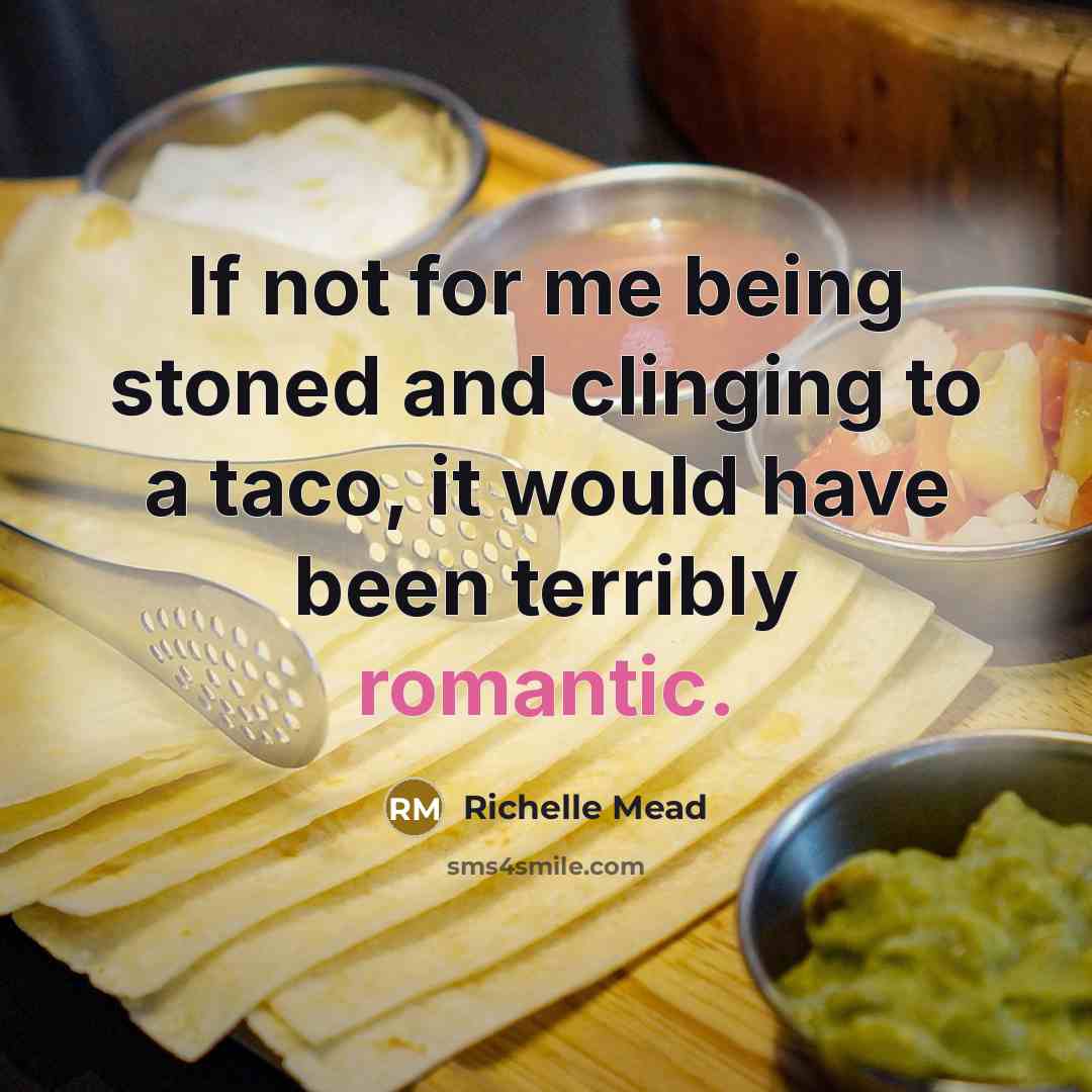 “If not for me being stoned and clinging to a taco, it would have been terribly romantic.” quote by Richelle Mead