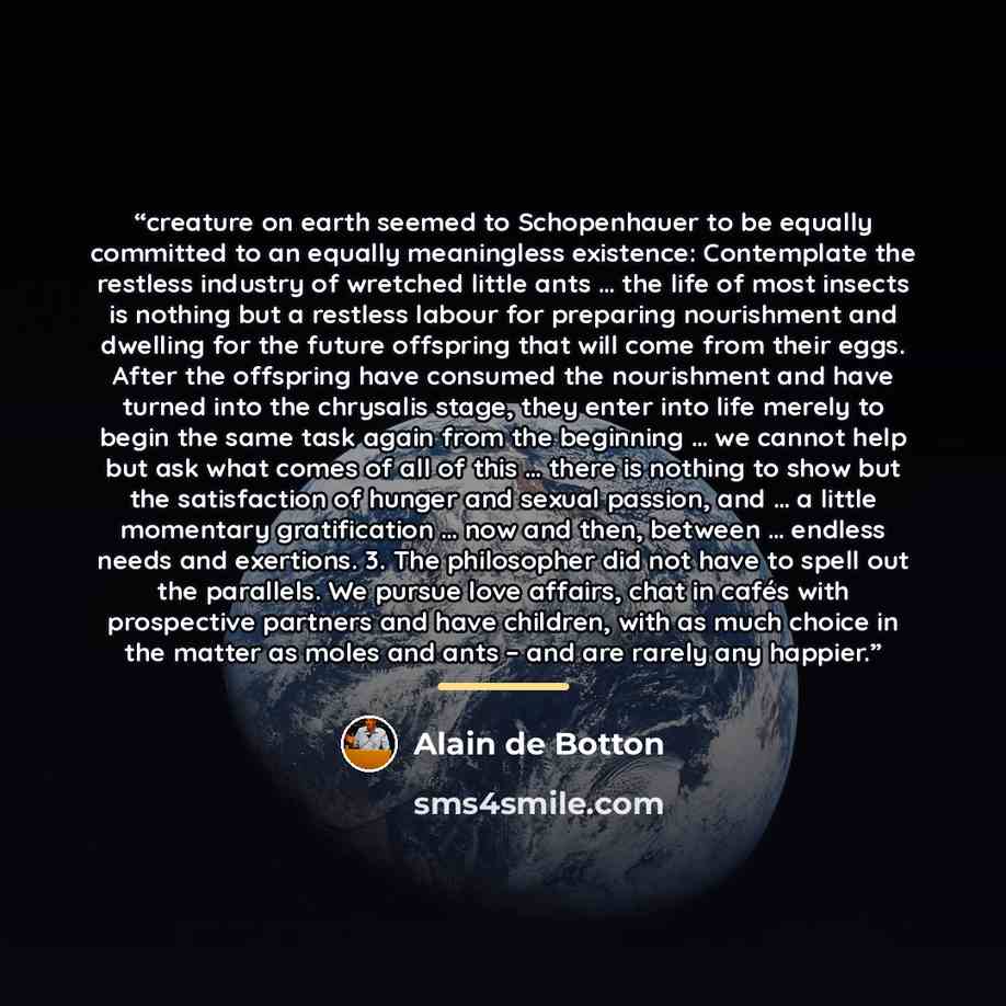 “creature on earth seemed to Schopenhauer to be equally committed to an equally meaningless existence: Contemplate the restless industry of wretched little ants … the life of most insects is nothing but a restless labour for preparing nourishment and dwelling for the future offspring that will come…” quote by Alain de Botton