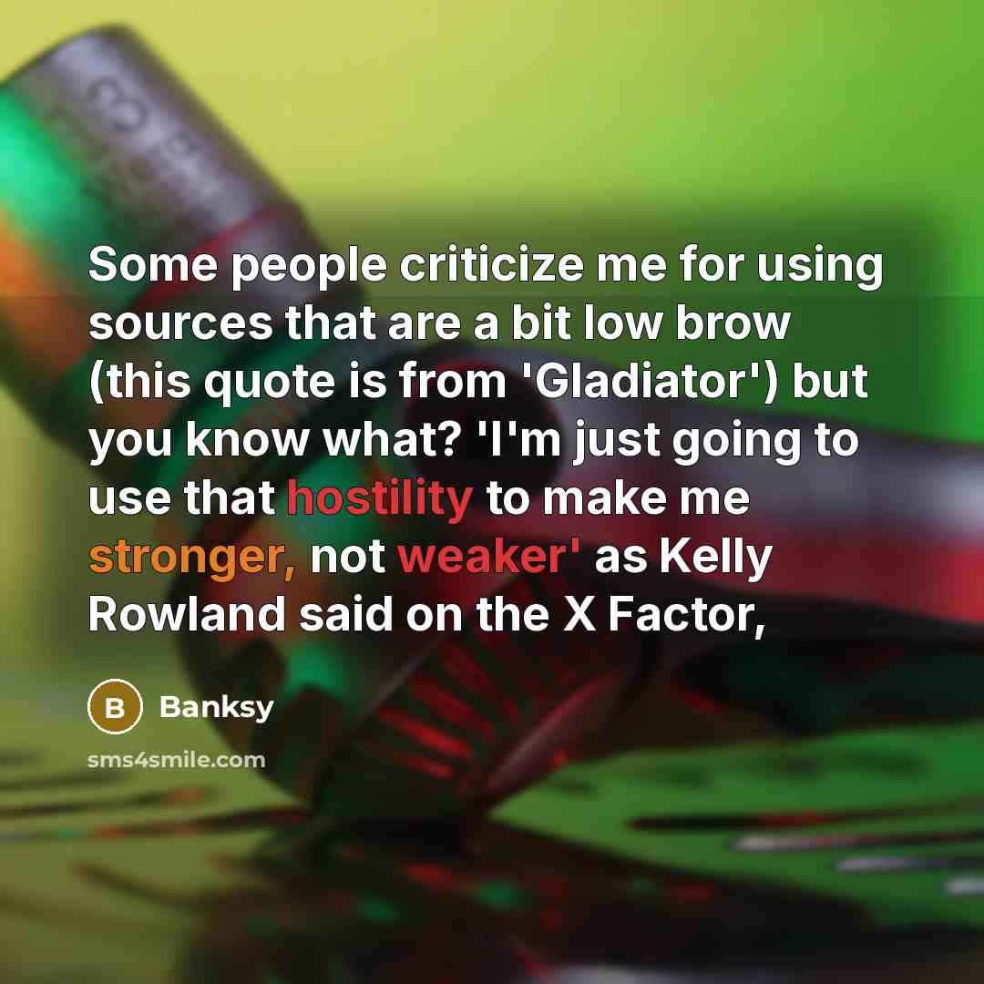 “Some people criticize me for using sources that are a bit low brow (this quote is from 'Gladiator') but you know what? 'I'm just going to use that hostility to make me stronger, not weaker' as Kelly Rowland said on the X Factor,” quote by Banksy