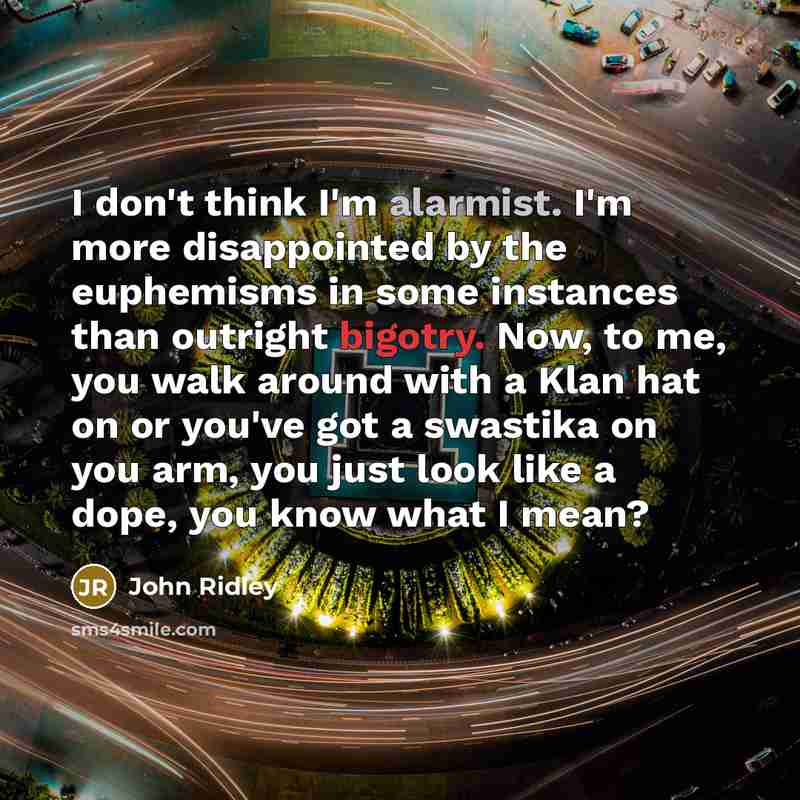 “I don't think I'm alarmist. I'm more disappointed by the euphemisms in some instances than outright bigotry. Now, to me, you walk around with a Klan hat on or you've got a swastika on you arm, you just look like a dope, you know what I mean?” quote by John Ridley