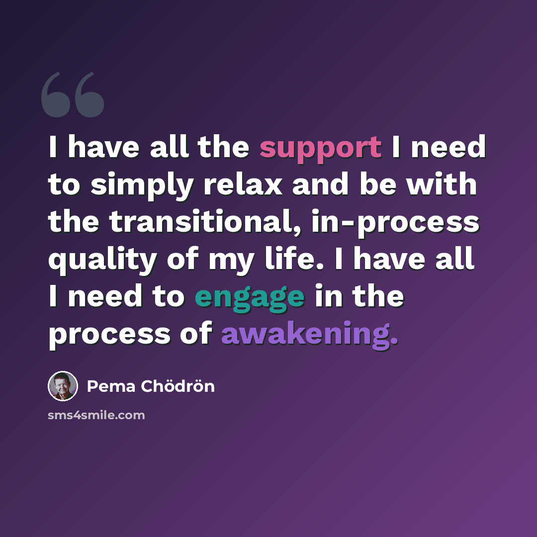“I have all the support I need to simply relax and be with the transitional, in-process quality of my life. I have all I need to engage in the process of awakening.” quote by Pema Chodron
