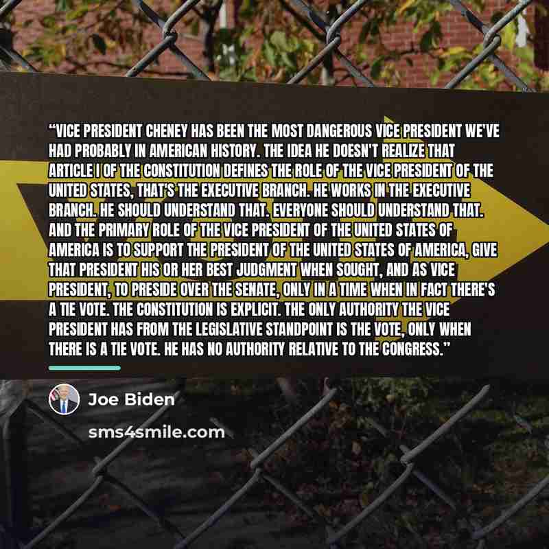 “Vice President Cheney has been the most dangerous vice president we've had probably in American history. The idea he doesn't realize that Article I of the Constitution defines the role of the vice president of the United States, that's the Executive Branch. He works in the Executive Branch. He…” quote by Joe Biden