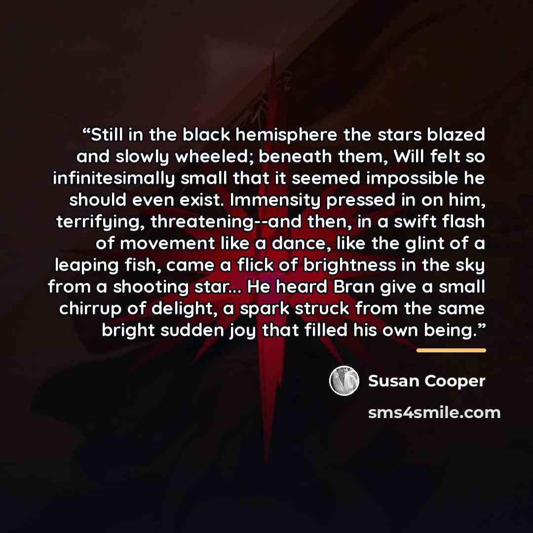“Still in the black hemisphere the stars blazed and slowly wheeled; beneath them, Will felt so infinitesimally small that it seemed impossible he should even exist. Immensity pressed in on him, terrifying, threatening--and then, in a swift flash of movement like a dance, like the glint of a leaping…” quote by Susan Cooper