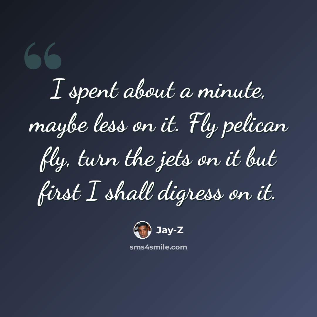 “I spent about a minute, maybe less on it. Fly pelican fly, turn the jets on it but first I shall digress on it.” quote by Jay-Z