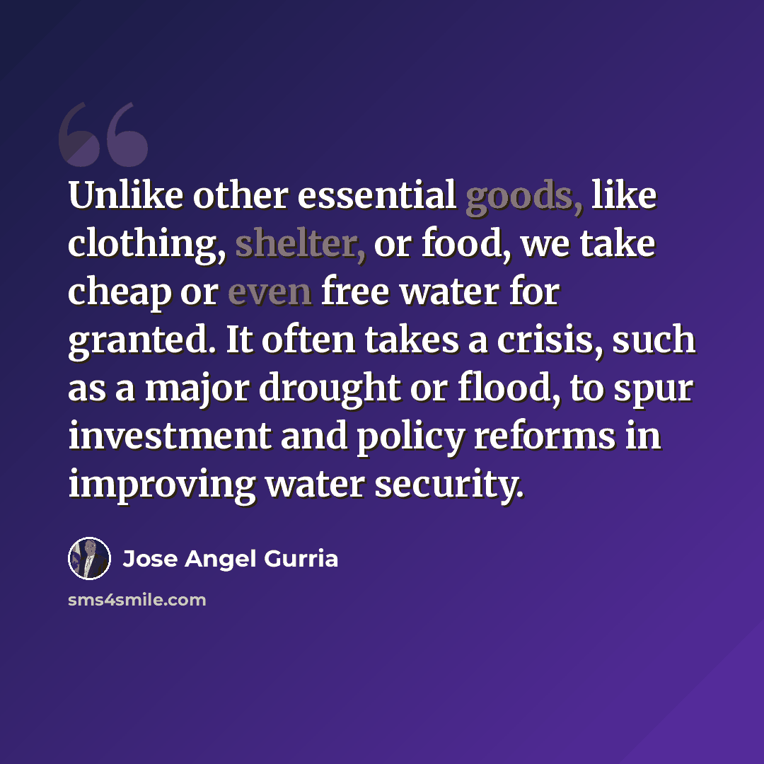 “Unlike other essential goods, like clothing, shelter, or food, we take cheap or even free water for granted. It often takes a crisis, such as a major drought or flood, to spur investment and policy reforms in improving water security.” quote by Jose Angel Gurria
