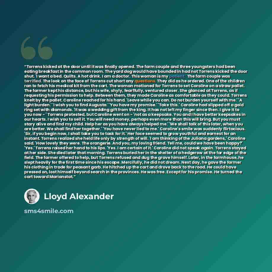 “Torrens kicked at the door until it was finally opened. The farm couple and three youngsters had been eating breakfast in the common room. The yard dog would have bounded in had not Torrens kicked the door shut. 'I want a bed. Quilts. A hot drink. I am a doctor. This woman is my patient.' The farm…” quote by Lloyd Alexander