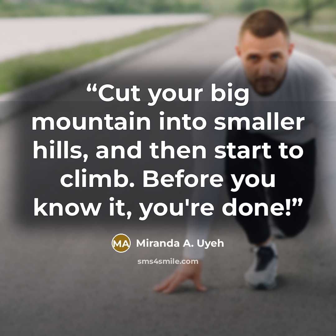 “Cut your big mountain into smaller hills, and then start to climb. Before you know it, you're done!” quote by Miranda A. Uyeh