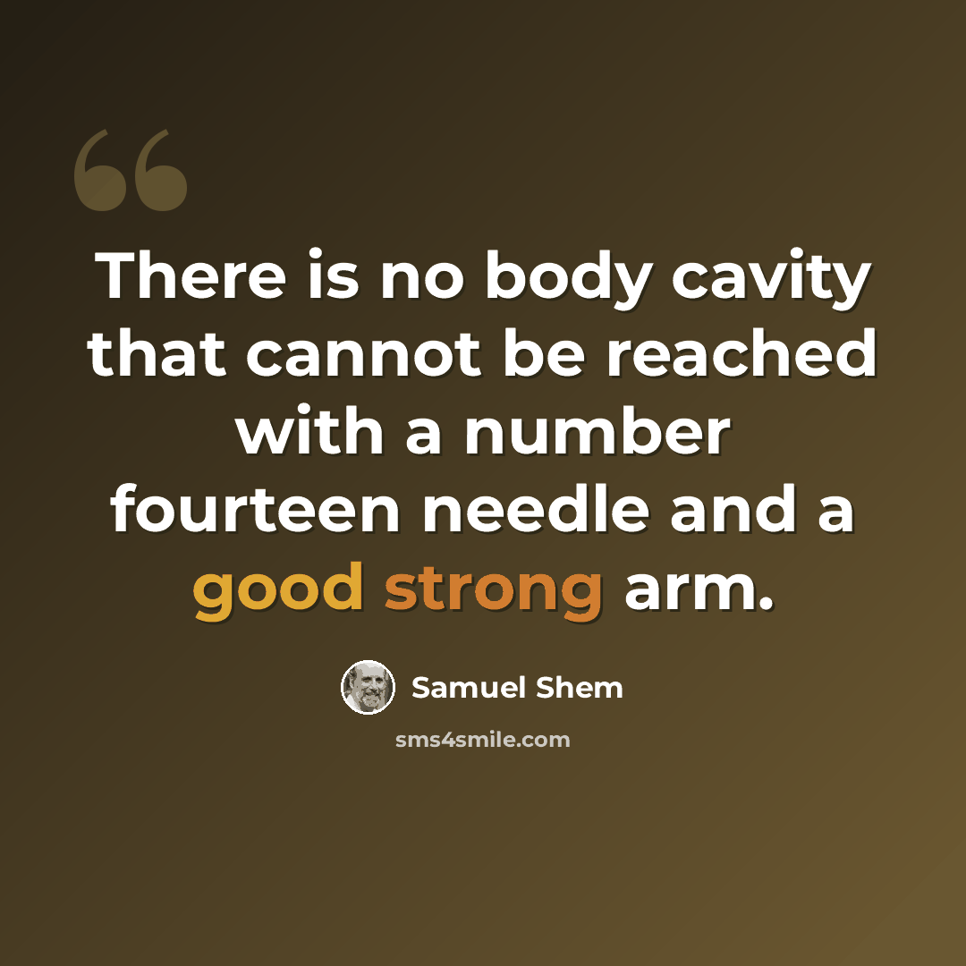 “There is no body cavity that cannot be reached with a number fourteen needle and a good strong arm.” quote by Samuel Shem