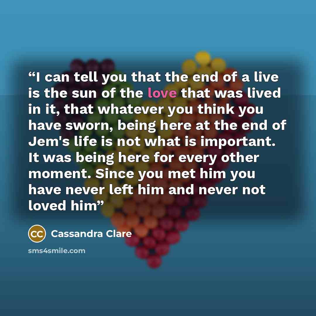 “I can tell you that the end of a live is the sun of the love that was lived in it, that whatever you think you have sworn, being here at the end of Jem's life is not what is important. It was being here for every other moment. Since you met him you have never left him and never not loved him” quote by Cassandra Clare