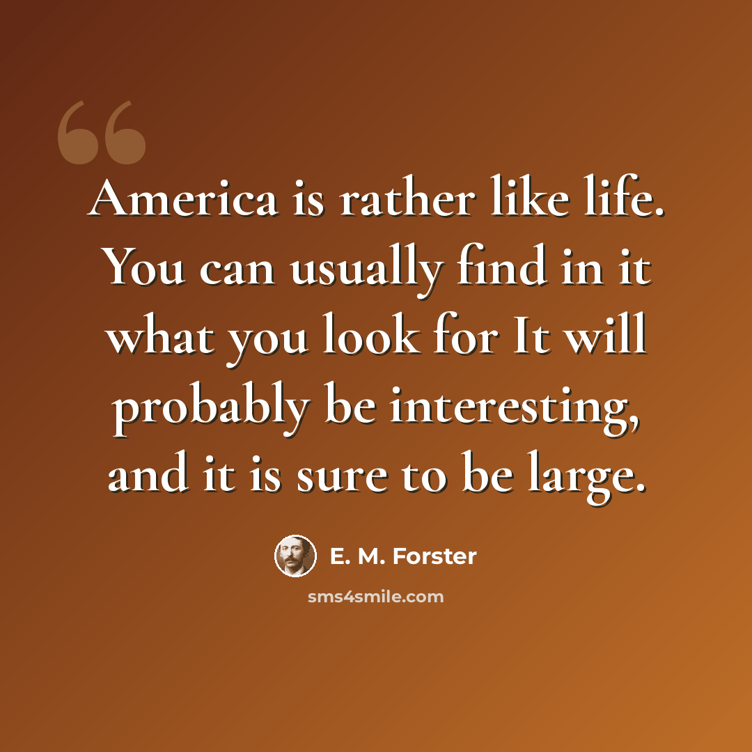 “America is rather like life. You can usually find in it what you look for It will probably be interesting, and it is sure to be large.” quote by E. M. Forster