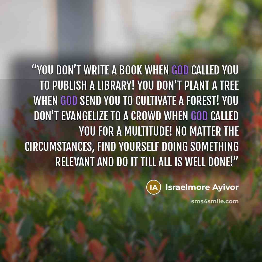 “You don’t write a book when God called you to publish a library! You don’t plant a tree when God send you to cultivate a forest! You don’t evangelize to a crowd when God called you for a multitude! No matter the circumstances, find yourself doing something relevant and do it till all is well done!” quote by Israelmore Ayivor