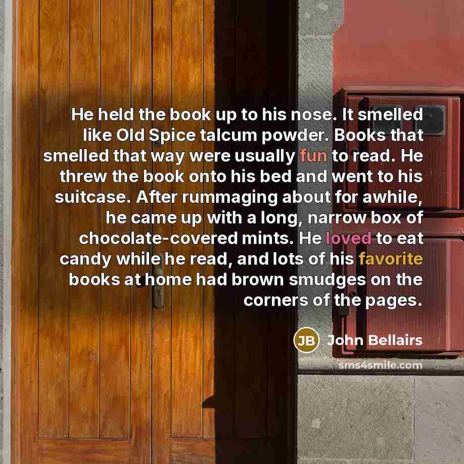“He held the book up to his nose. It smelled like Old Spice talcum powder. Books that smelled that way were usually fun to read. He threw the book onto his bed and went to his suitcase. After rummaging about for awhile, he came up with a long, narrow box of chocolate-covered mints. He loved to eat…” quote by John Bellairs