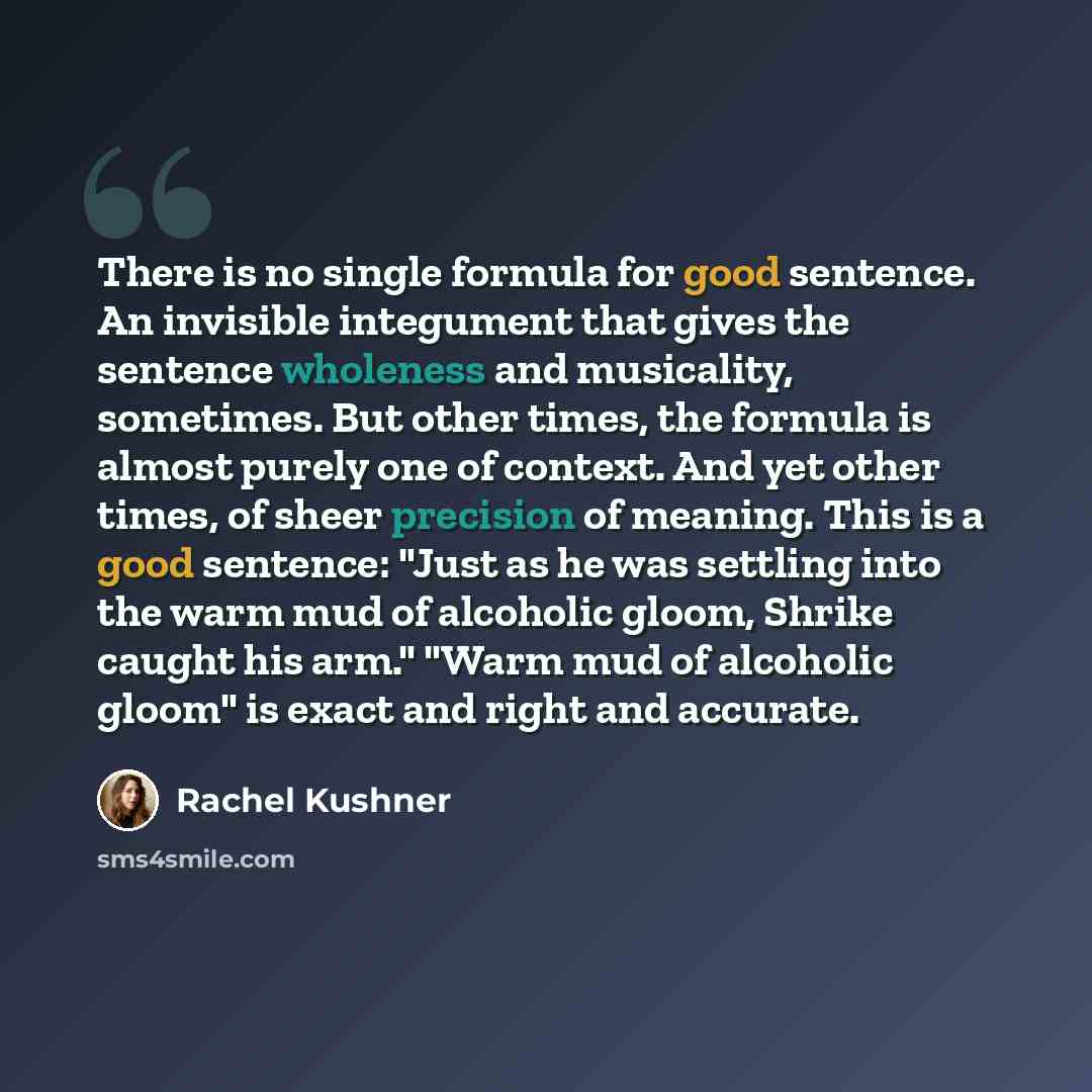 “There is no single formula for good sentence. An invisible integument that gives the sentence wholeness and musicality, sometimes. But other times, the formula is almost purely one of context. And yet other times, of sheer precision of meaning. This is a good sentence: "Just as he was settling…” quote by Rachel Kushner