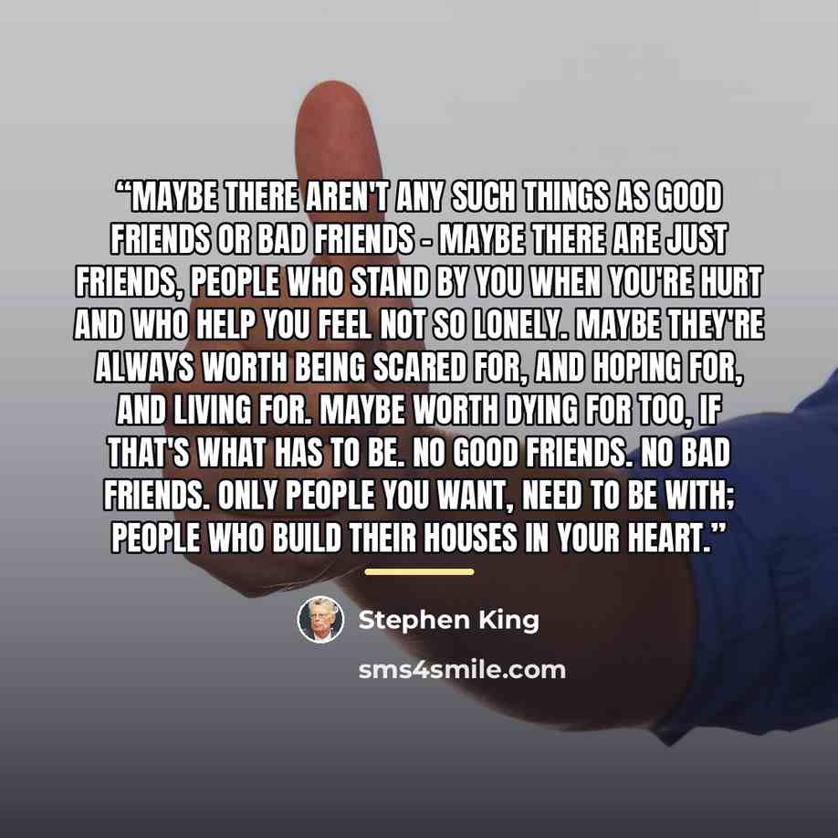“Maybe there aren't any such things as good friends or bad friends - maybe there are just friends, people who stand by you when you're hurt and who help you feel not so lonely. Maybe they're always worth being scared for, and hoping for, and living for. Maybe worth dying for too, if that's what has…” quote by Stephen King