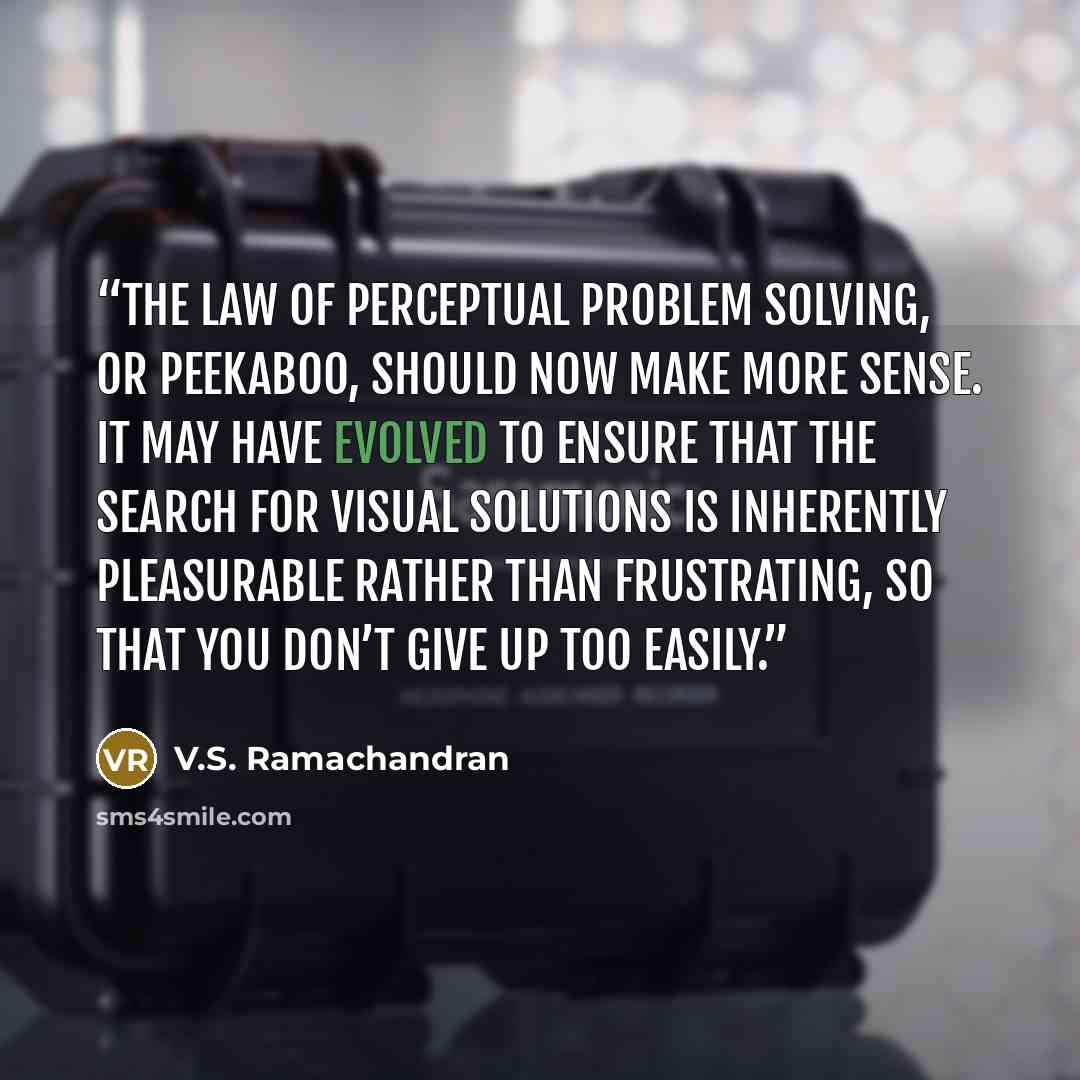 “The law of perceptual problem solving, or peekaboo, should now make more sense. It may have evolved to ensure that the search for visual solutions is inherently pleasurable rather than frustrating, so that you don’t give up too easily.” quote by V.S. Ramachandran
